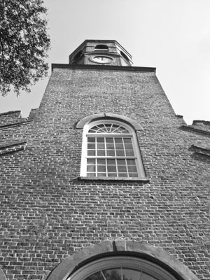 The clock tower of Prince George Winyah Episcopal Church in Georgetown, S.C.